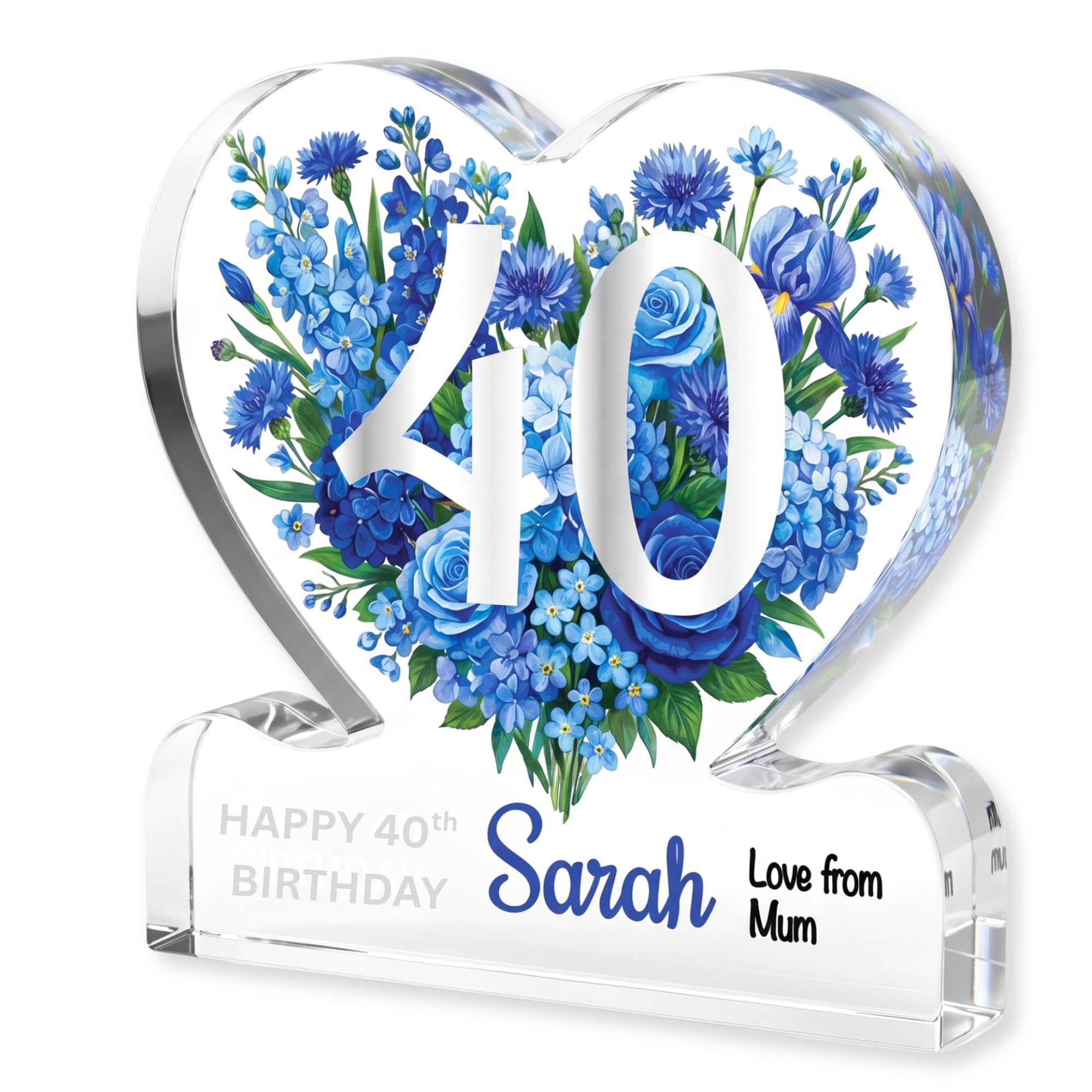 MyKeepsy Personalised 40th Birthday Plaque – Custom Name & Message Heart Acrylic Keepsake, Floral 40 Decoration Gift for her, 5 Colour Options (Elegant Blue)