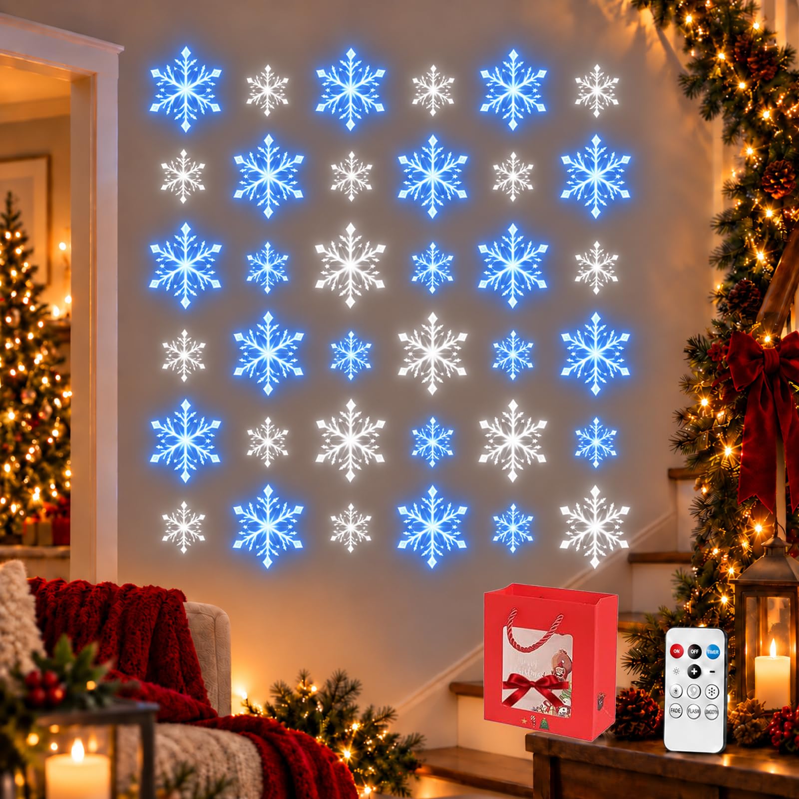 LED Snowflake Wall Lights, 3D Christmas Snowflake Décor with Blue & White Glow, Remote Control, Blue & White LED Snowflake Lights – Christmas Wall Decor for Living Rooms & Bedroom (Mix, 12pcs)