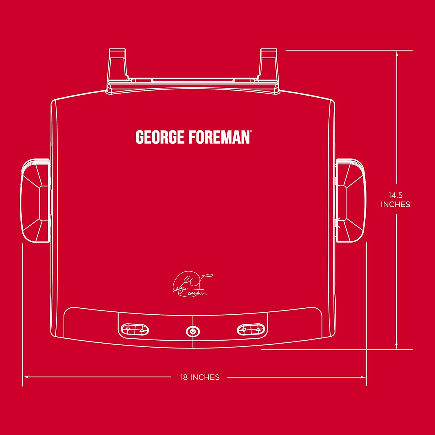 Diagram showing dimensions of George Foreman grill