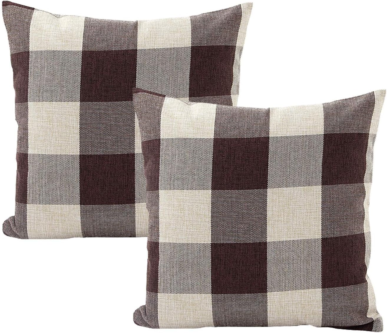 Foucome Country Style Cotton Linen Buffalo Pillow Case Brown & White Check Car Bed Sofa Throw Pillow Covers Waist Home Decor Cushion Covers,18 X 18 Set of 2
