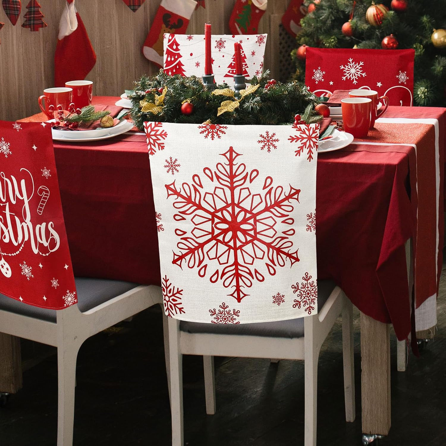 Whaline 6Pcs Christmas Chair Covers Classic Red Chair Back Covers Winter Xmas Tree Snowflake Elk Dining Room Seat Covers Washable Chair Slipcovers for Home Kitchen Hotel