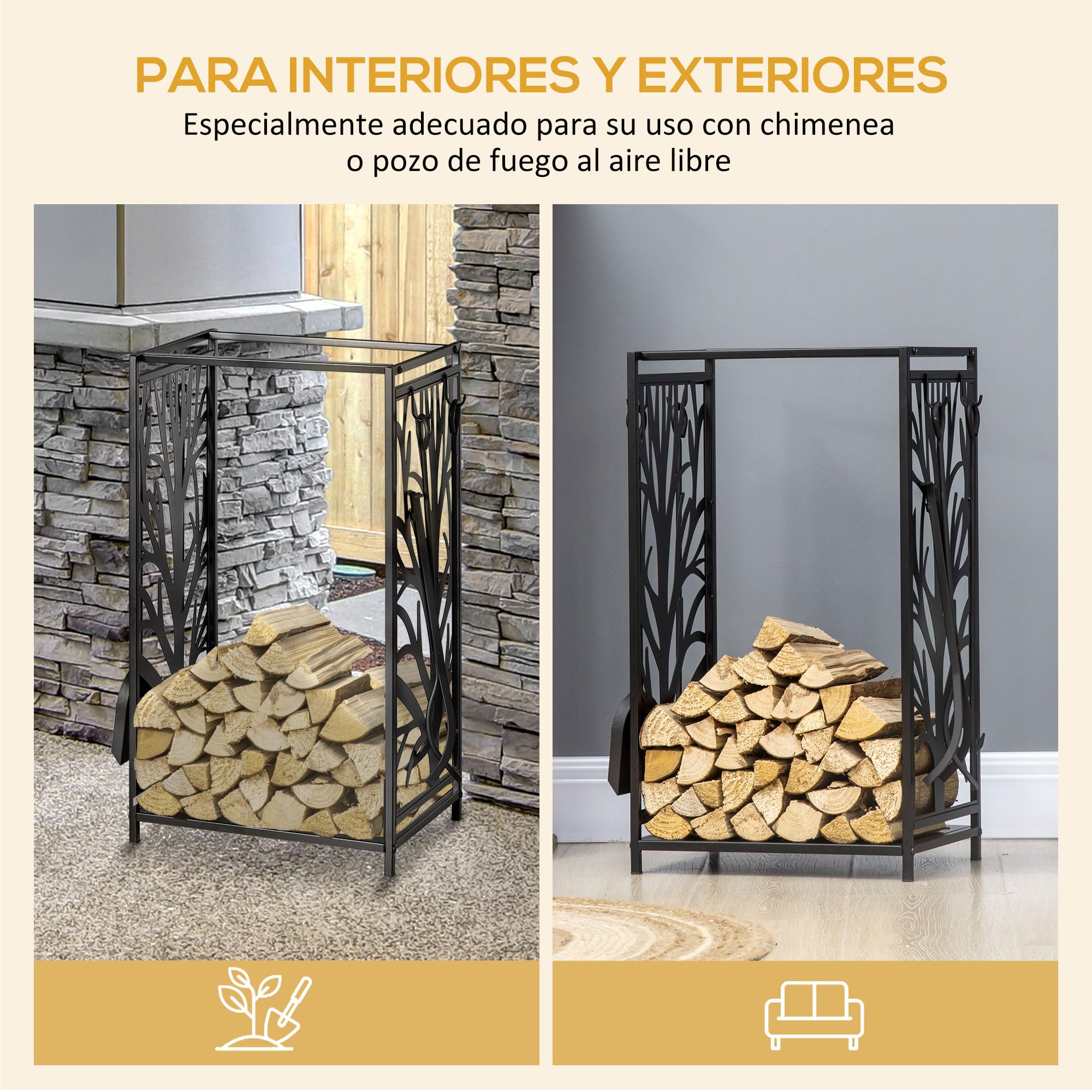 HOMCOM Estante para Leña Estantería de Almacenamiento para Chimenea Soporte para Leña con 4 Herramientas para Interior y Exterior 46x30x70 cm Carga 100 kg Negro