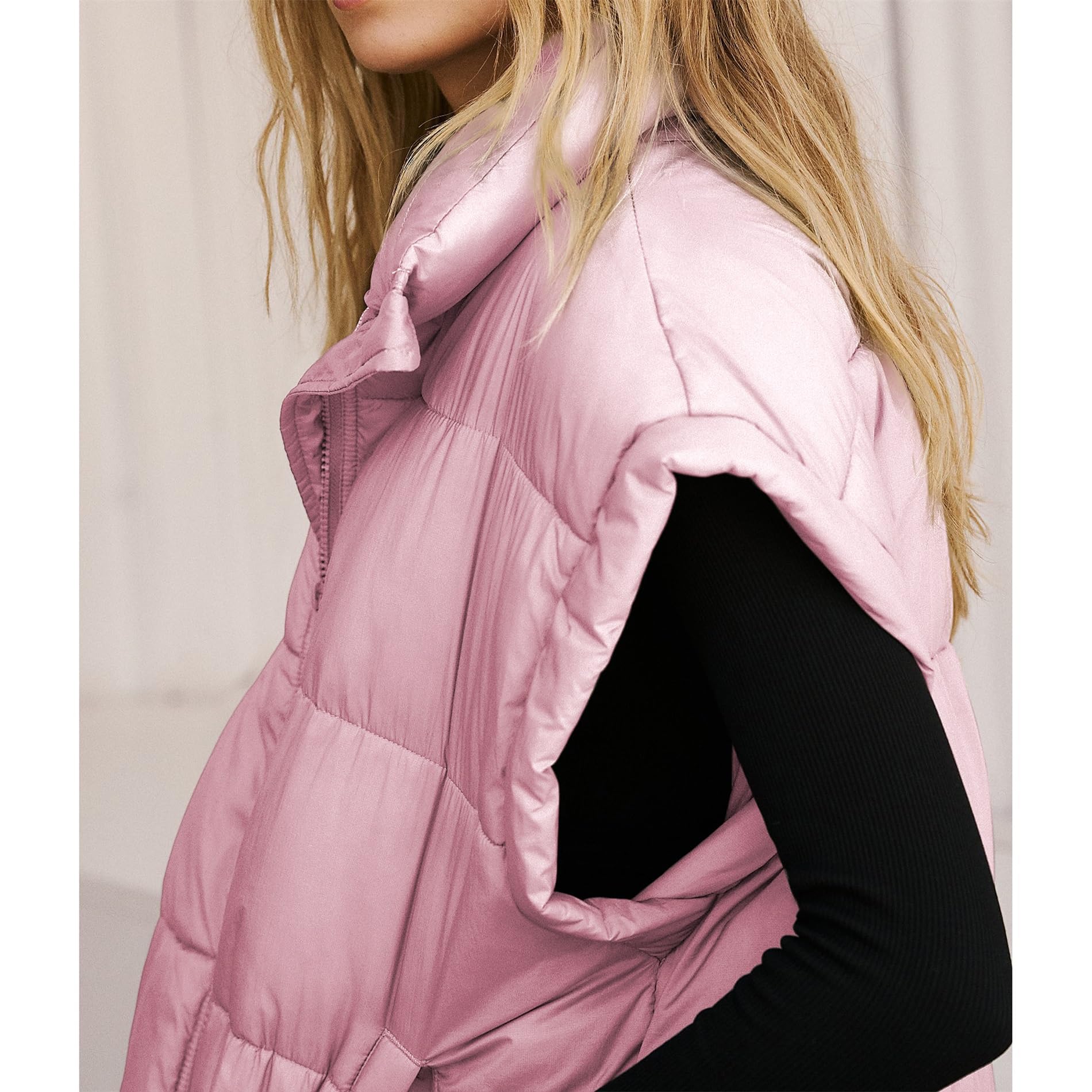 Songling Womens Oversized Puffer Vest Stand Collar Full Zip Sleeveless Bubble Puffer Vest Quilted Padded Warm Coat Outwear: X-Small Pink