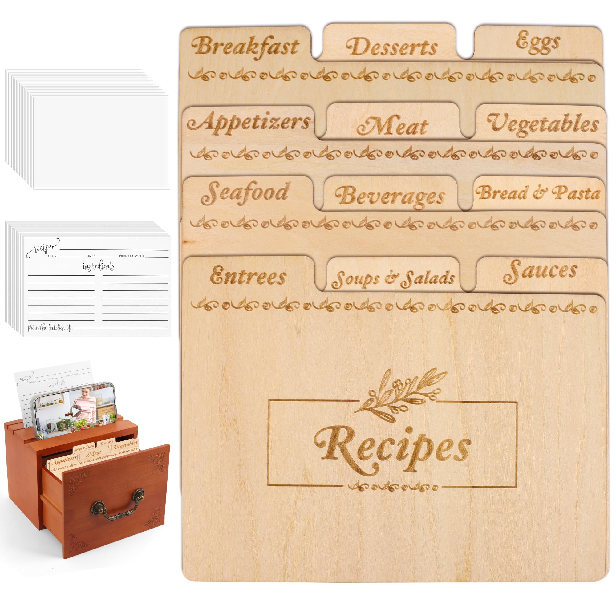 12+150P Recipe Card Dividers Tabs Kit Includes 12P Real Wood Index Card Dividers, 50P Recipe Cards & 100P Card Protectors, 4 x 6 in Recipe Box Dividers for Kitchen Organize-Coldairsoap
