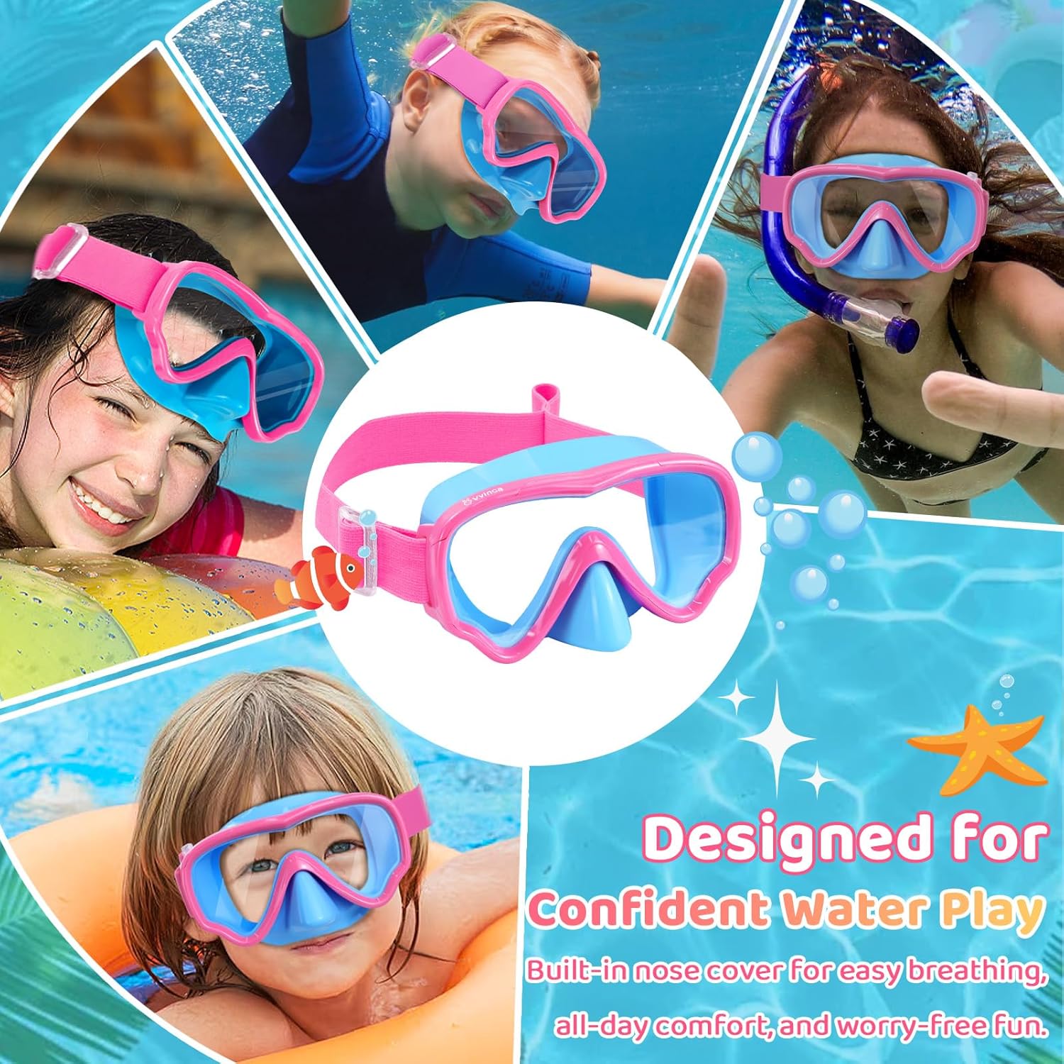Vvinca Kids Swim Goggles with Nose Cover, Snorkel Diving Mask Fabric Strap Anti Fog Anti Shattered Lens Goggles for Kids 3-15