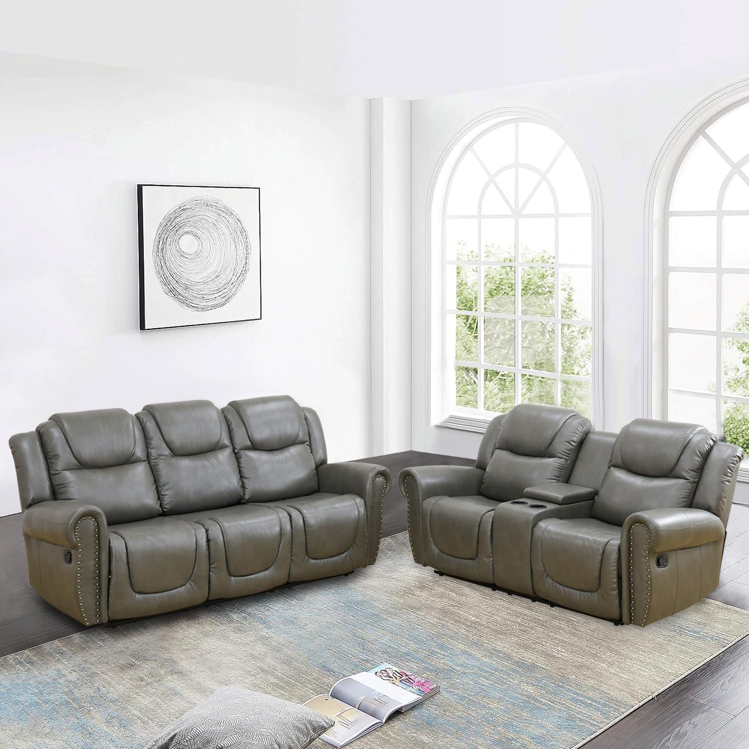 Leather Recliner Sofa Set, Living Room Furntiure Set, Leather Sofa Set Rivet Trim Reclining Sofa with Cup Holders (Sofa and Loveseat Set, Grey)
