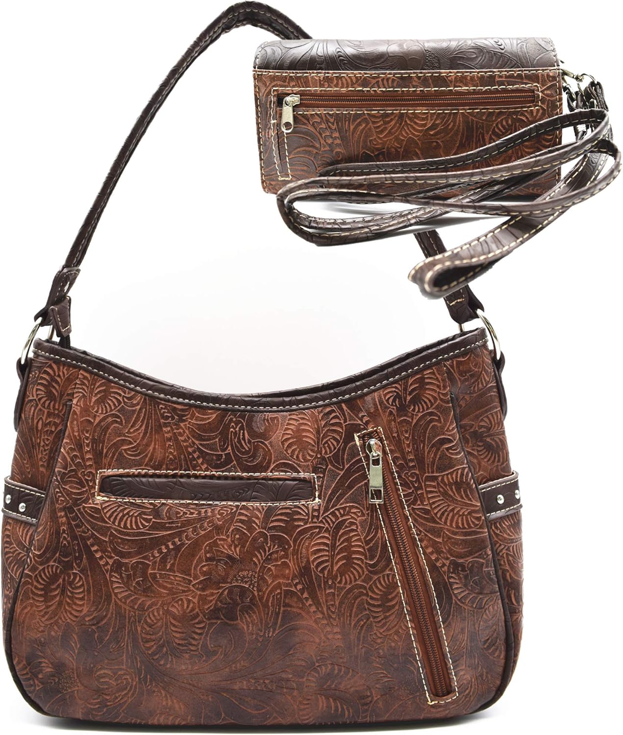 Tooled Leather Floral Laser Cut Flower Feather Purse Studs Country Western Handbag Women Shoulder Bag Trifold Wallet Set - Image 5