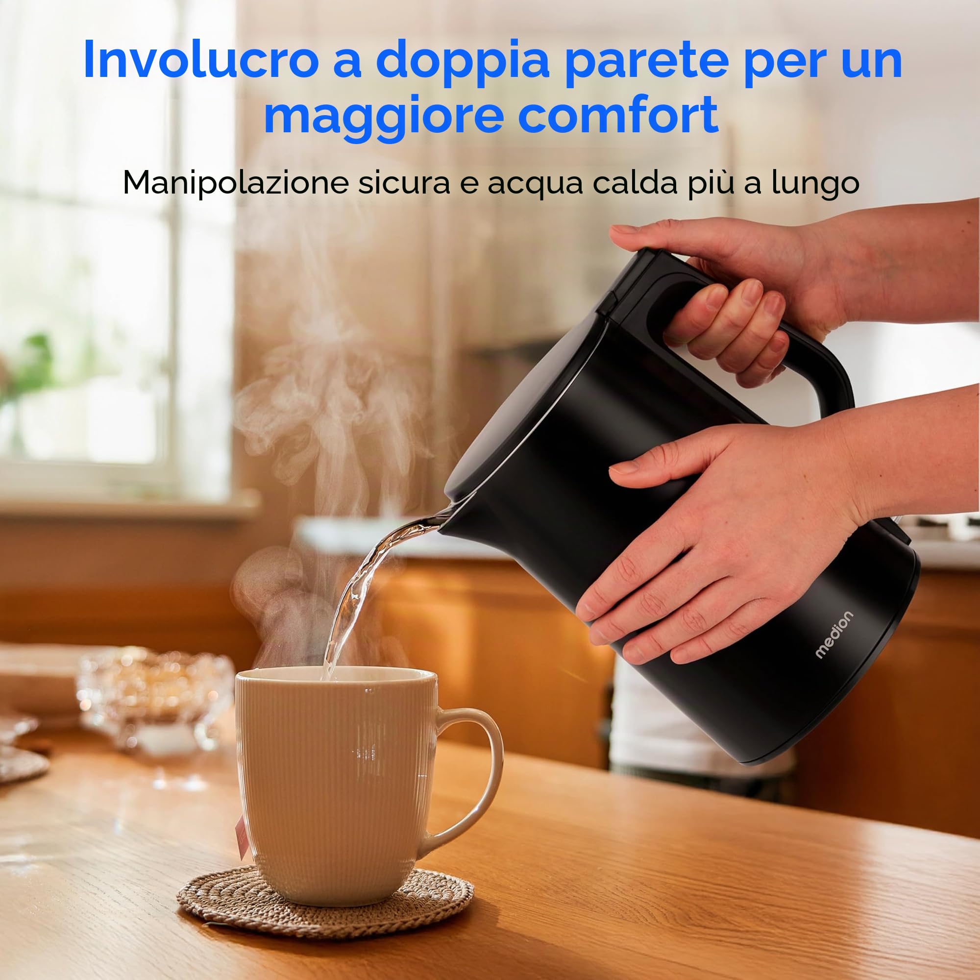 MEDION Bollitore in acciaio inox (1,5 L, 2.200 W, base a 360°, funzione mantenimento, LED, doppia parete, MD12105) nero