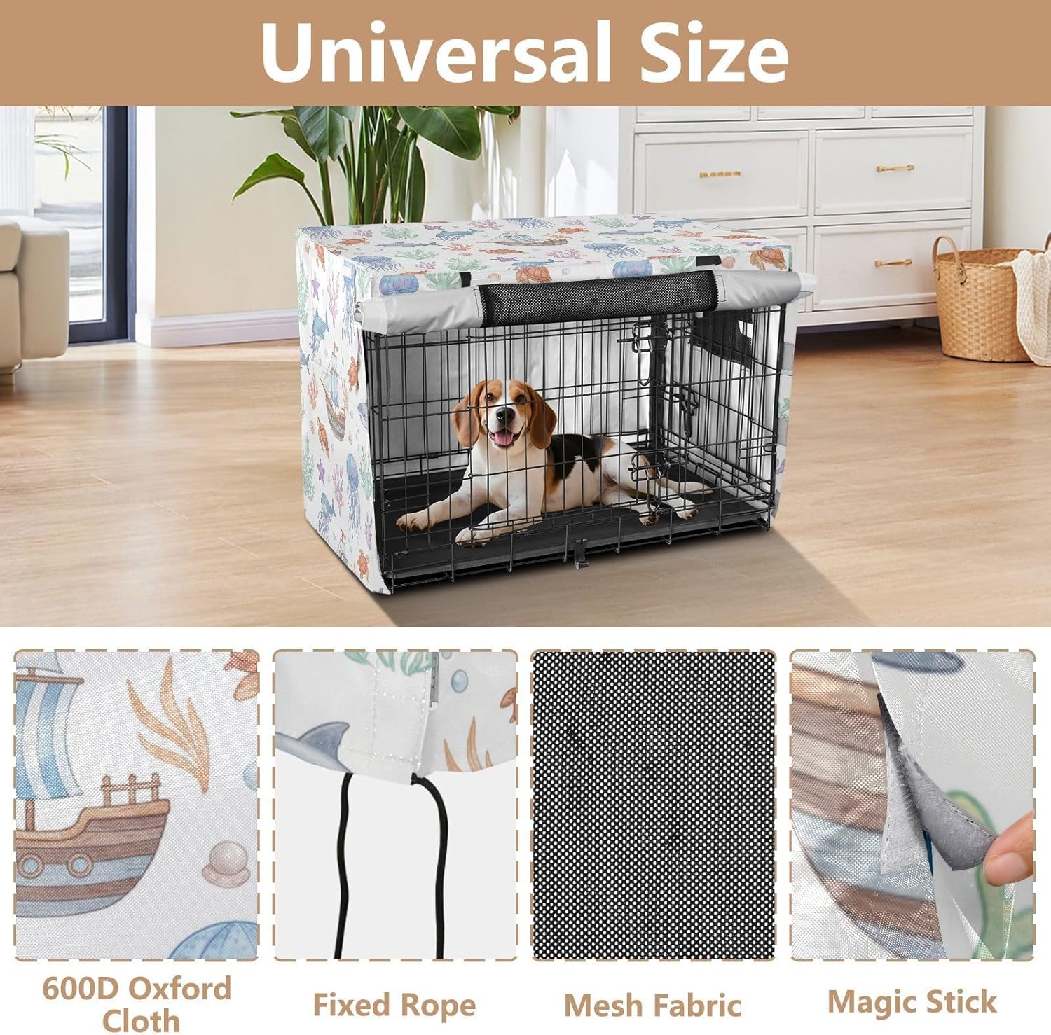Duty 600D Silver Coated Dog Crate Cover, Water-Resistant Marine Animals Pet Kennel Canopy with Mesh Windows for Optimal Ventilation, Universal Fit for Standard Wire Cage, Indoor & Travel