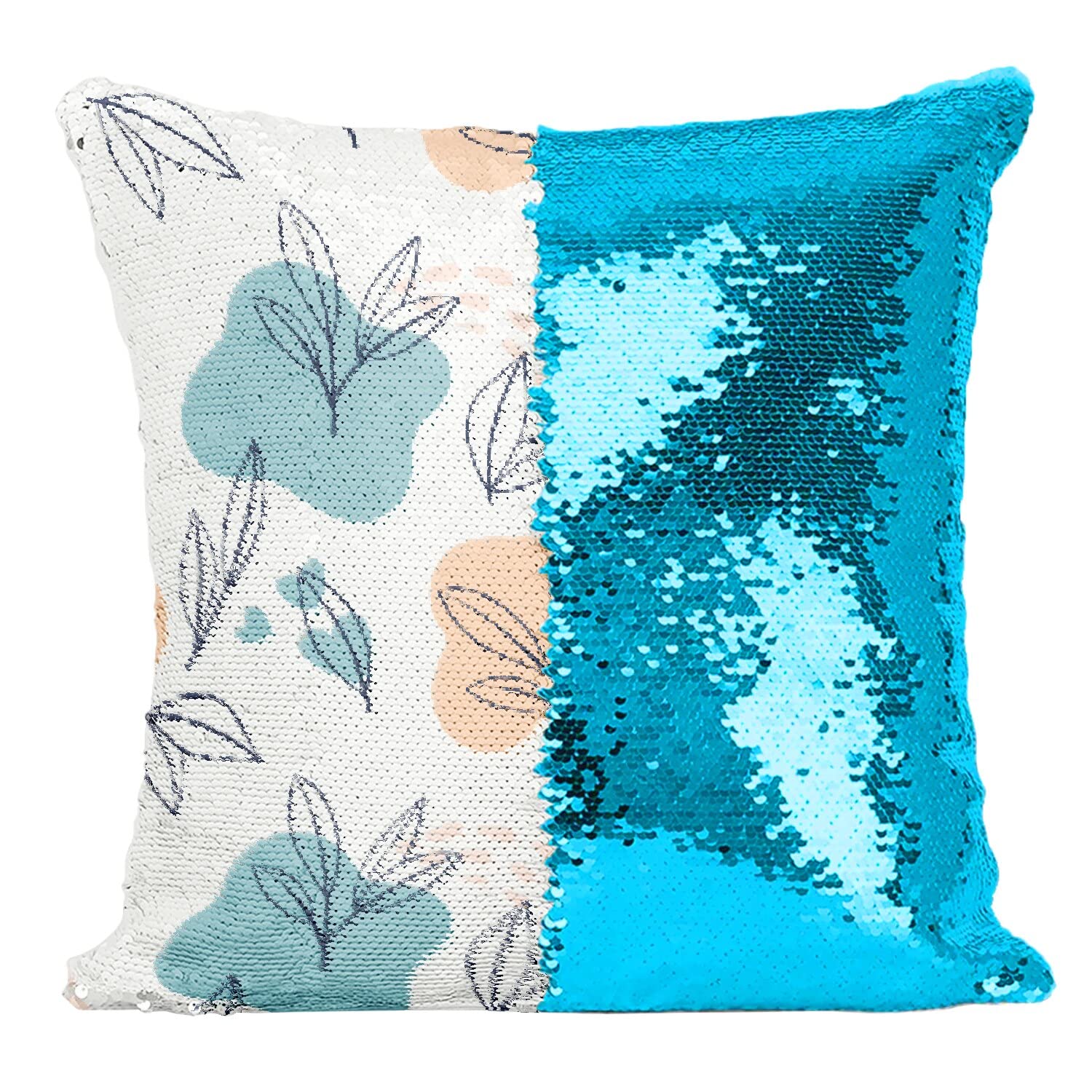 Coussin paillettes turquoise au graphisme abstrait haut de gamme