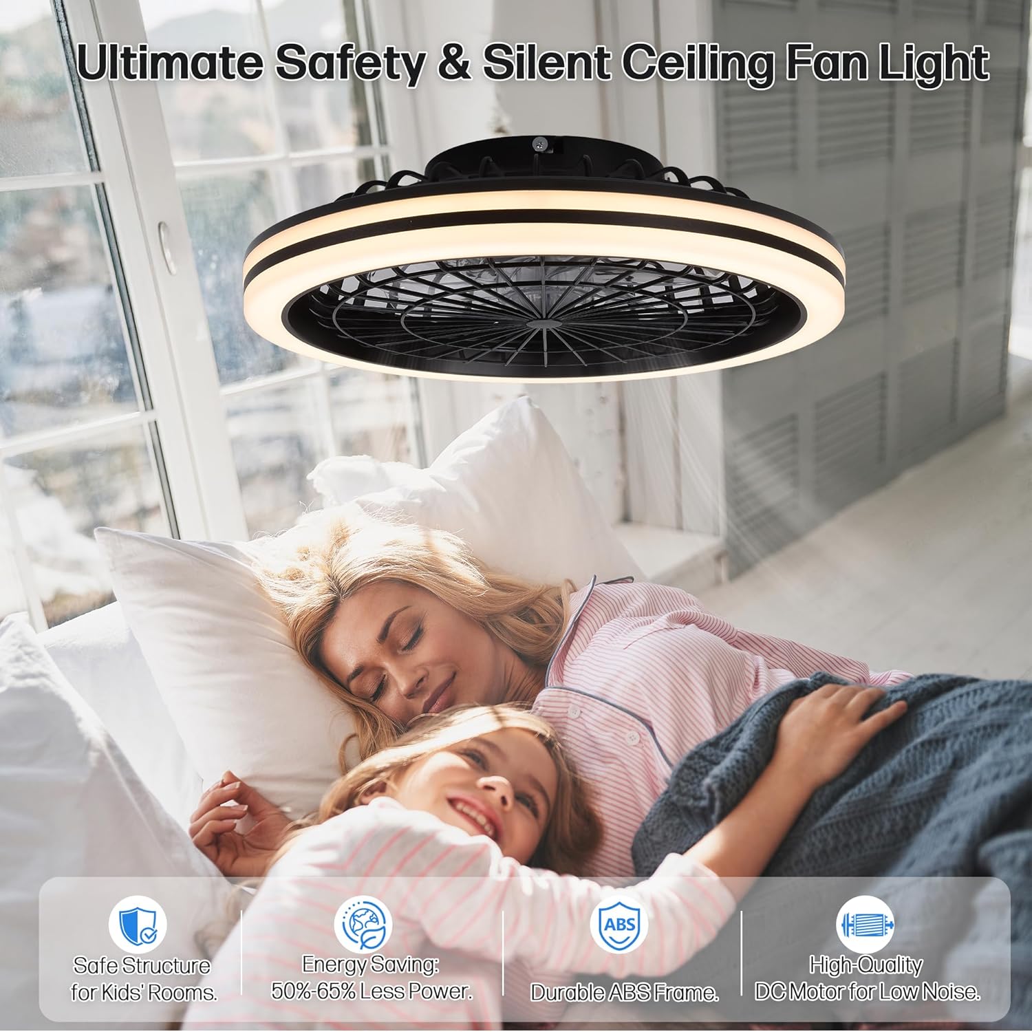 20 Inch Ceiling Fans with Lights,Led Bladeless Ceiling Fans, Remote Control Enclosed Flush Mount Ceiling Fan, Small Low Profile for Bedroom, Kitchen Living Room,6 Wind Speed, 3000LM (B1006M)