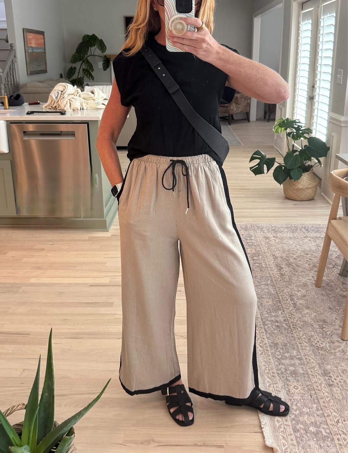 Lentta Womens Linen Wide Leg Pants Side Striped Palazzo Pants Beach Pants with Pockets Lounge Vacation Outfits - Image 2