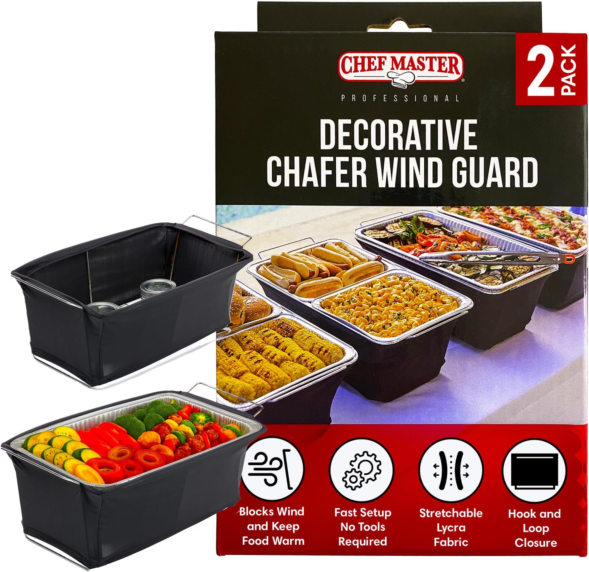 Chafer Wind Guard Dish Stand Cover, Decorative Food Warmer Screen for Indoor Outdoor Event, Flame Retardant Fabric Blocks Air Keep Dish Warm for Parties, Caterings, Buffets - Chef Master 90081(2 Pack)
