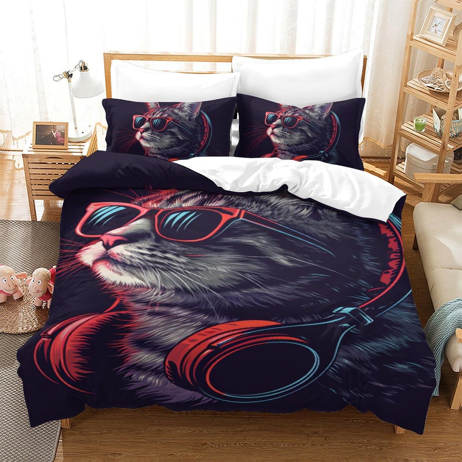 Parure de lit 140x200 enfant motif chat 3D avec housse de couette zip
