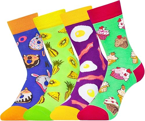 PanPacSight Paquete de 4 calcetines novedosos para niños y niñas, divertidos dibujos animados, lindos animales, aguacate, piña, bola