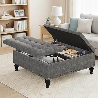 Multi-Functional Storage Ottoman Coffee Table and Bench, Chenille Footre...