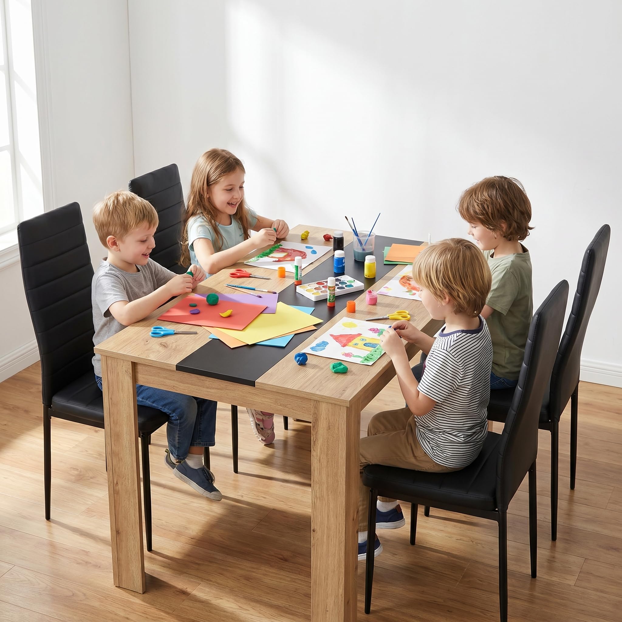 Ensemble 1 Table et 4 Chaises, Table a Manger:110x70x75cm, Chaise:40x39x98cm, Table Rectangulaire 110cm (MDF Épais), Chaises Similicuir Noir, idéal pour Salle à Manger, Cuisine et Salon