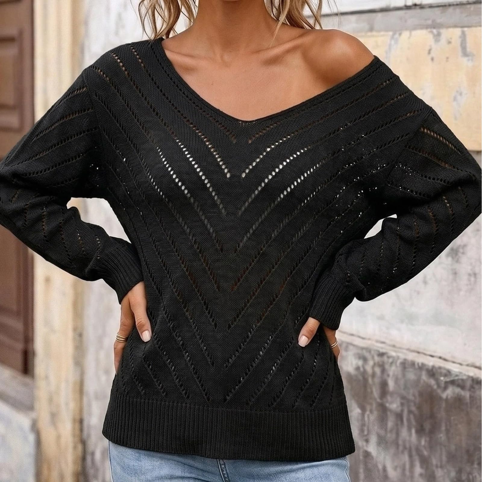 Maglione Donna Scollo V Traforato Spalla Caduta Casual
