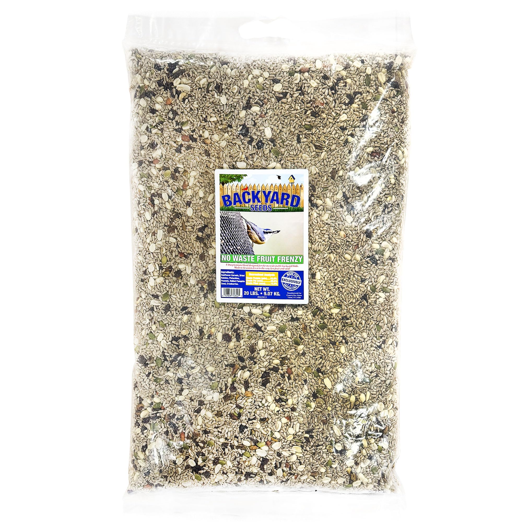 Backyard Seeds Fruit Frenzy No-Waste Bird Seed Mix 20lbs - Premium Blend with Pumpkin Seeds, Cranberries & Pistachios, Small Bag of Wild Bird Food
