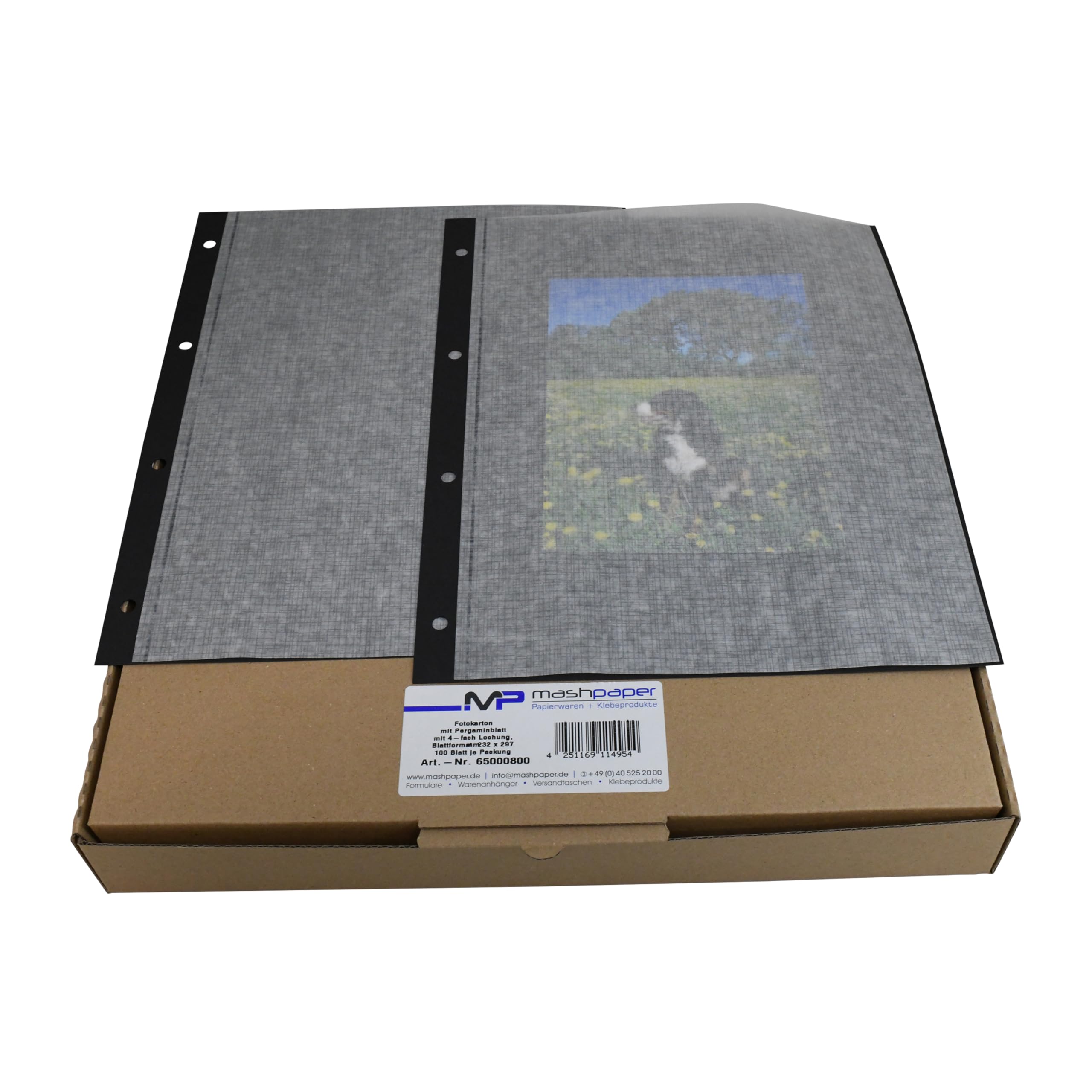 MASHPAPER Kartony fotograficzne, czarne, 230 g/m², 23,2 x 29,7 cm, z pergaminową kartą ochronną, 4-krotne dziurkowanie, arkusze do albumu fotograficznego, 100 arkuszy