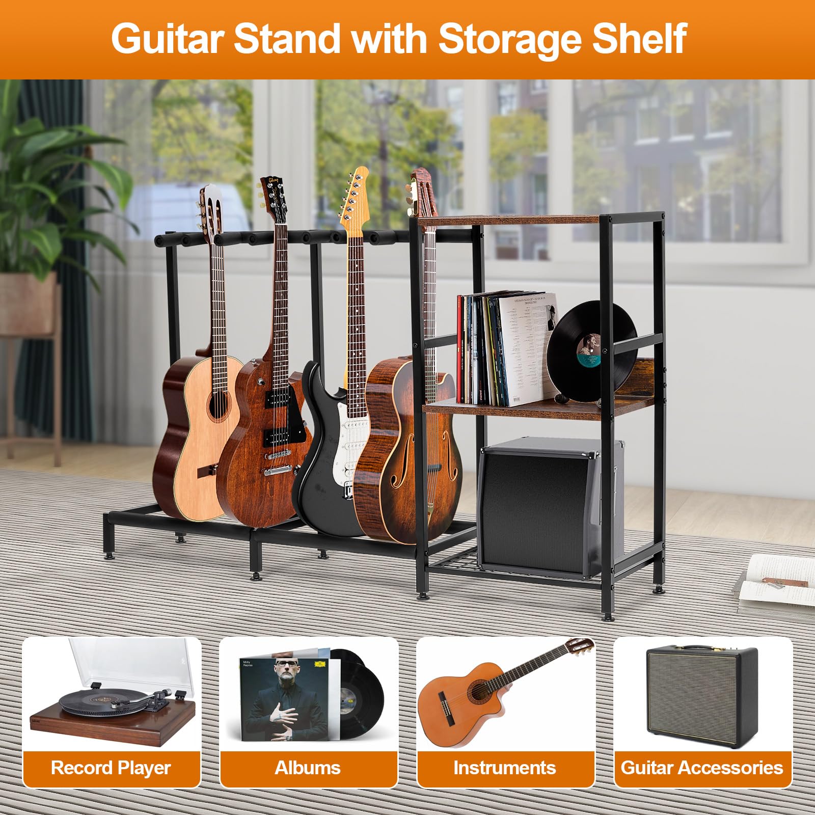 Nisorpa Gitarrenständer mit Ablagefach, Holz, Multi-Gitarrenständer für Akustik-Bass, E-Gitarre, 28 x 128 x 73 cm, Schwarz und Kaffeebraun