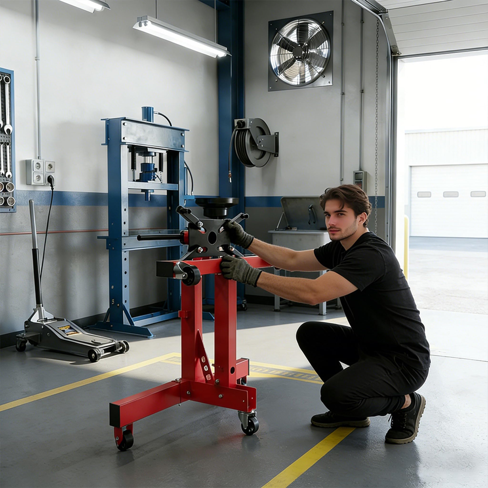 Froadp Motorständer Motorheber, Belastbar bis 680 kg, 360° Drehbar mit Haltearm, Getriebeheber Hydraulisch Stabil, Getriebehalter mit Rollen, Werkstatt Motor Reparaturständer für Auto und LKW, Rot