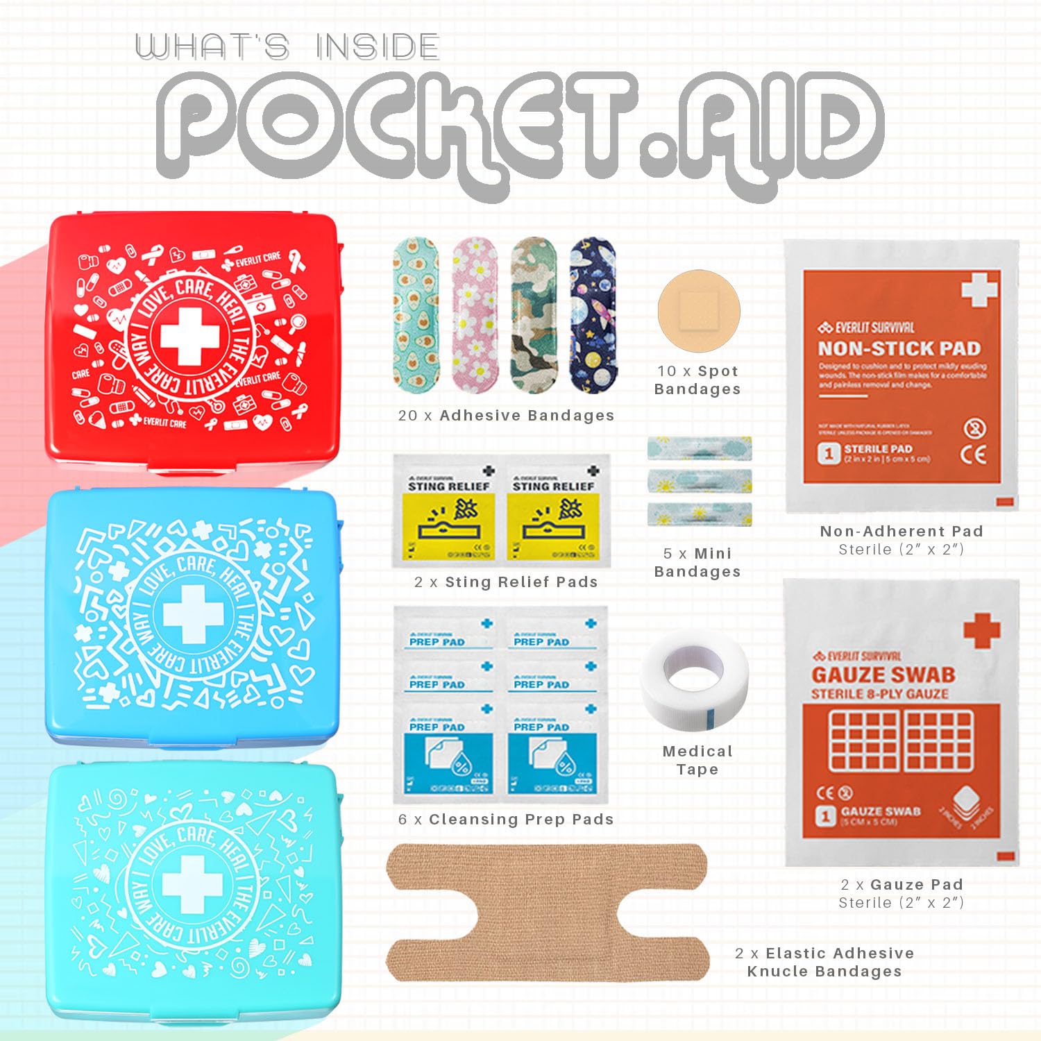 EVERLIT Mini kit de primeros auxilios para bolsillo, compacto y portátil, estuche rígido de 50 piezas, cortes, rasguños, cuidado de heridas, esencial para viajes, al aire libre, escuela, camping