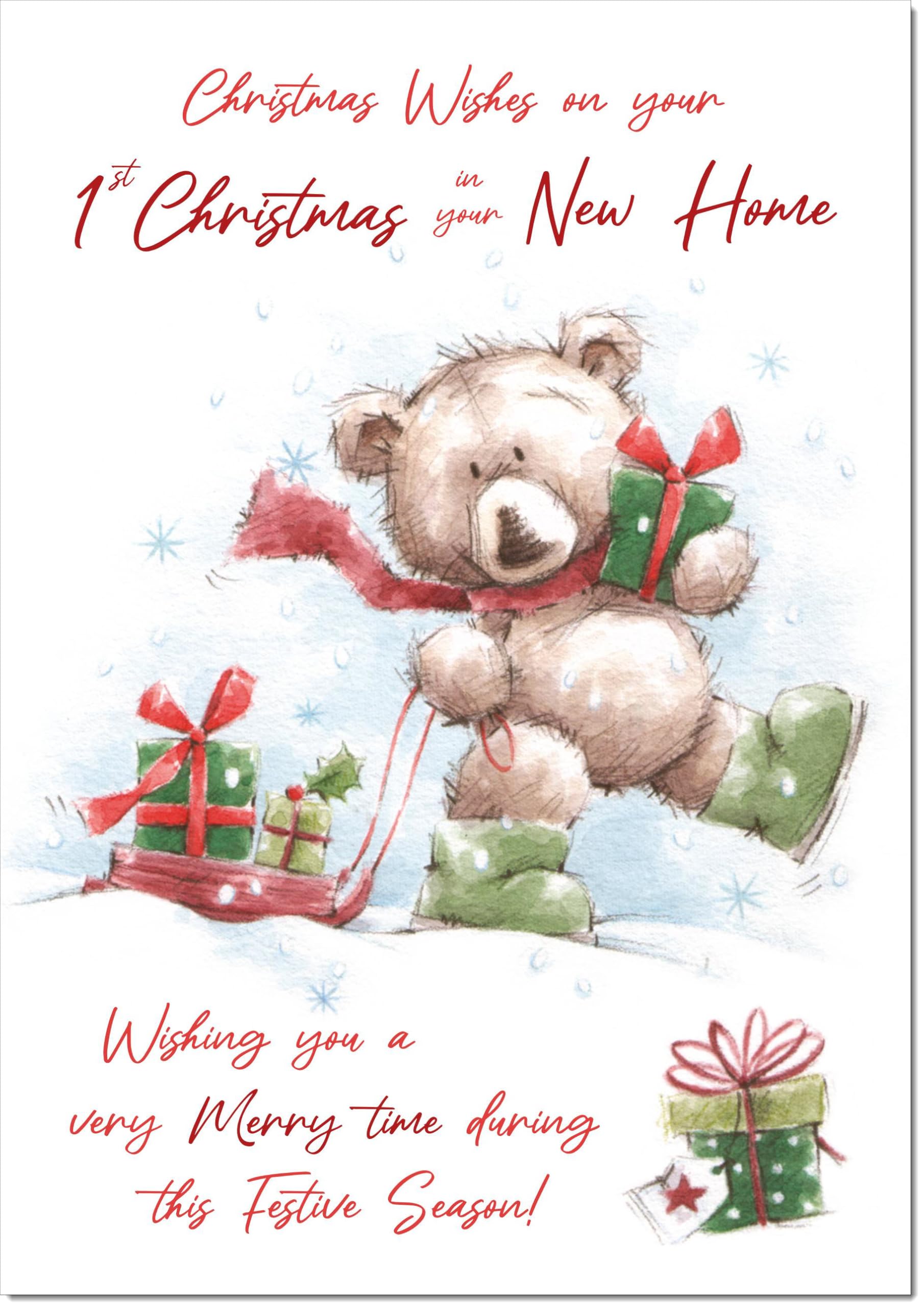 doodlecards 1st First Christmas in New Home Christmas Card Cute Bear with Sled Large A4 Size Christmas Card for 1st in New Home with Plain Envelope — image 1