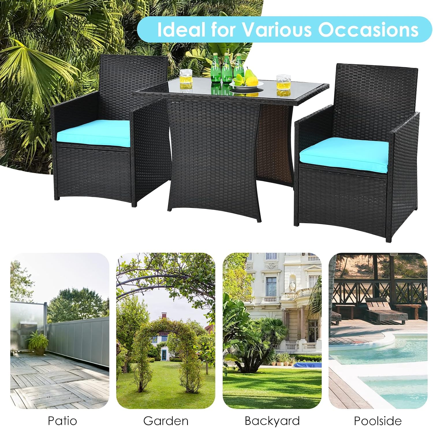 KOTEK 3 Piece Outdoor Dining Set, PE Rattan Dining Table & Chairs Set with Tempered Glass Top & Cushions, Wicker Conversation Set, Patio Bistro Set for Backyard Garden Porch (Turquoise)