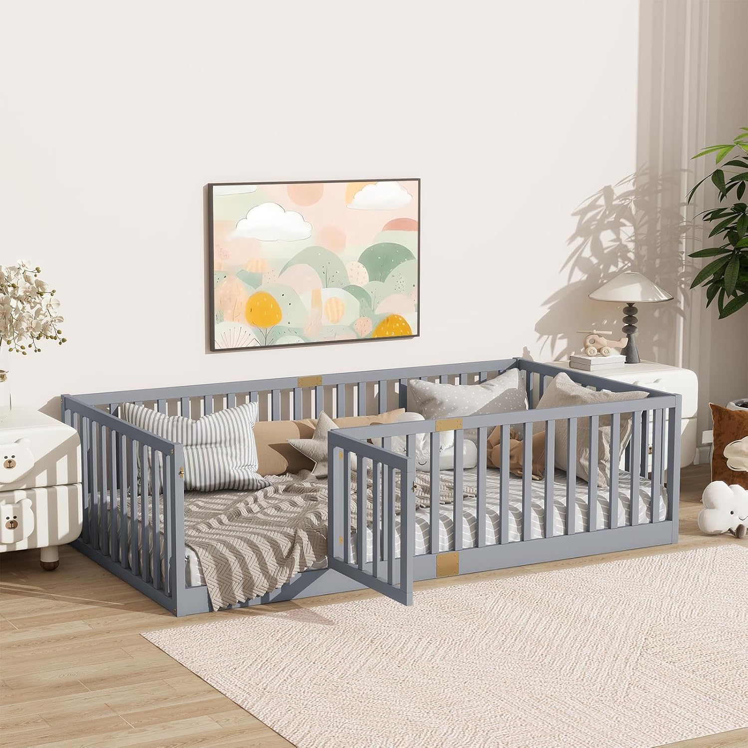 Tatub Twin Floor Bed with High Rails and Convertible Door, Solid Wood Cama Montessori Bed with Slats for Kids, Boys and Girls Floor Bed Twin Grey