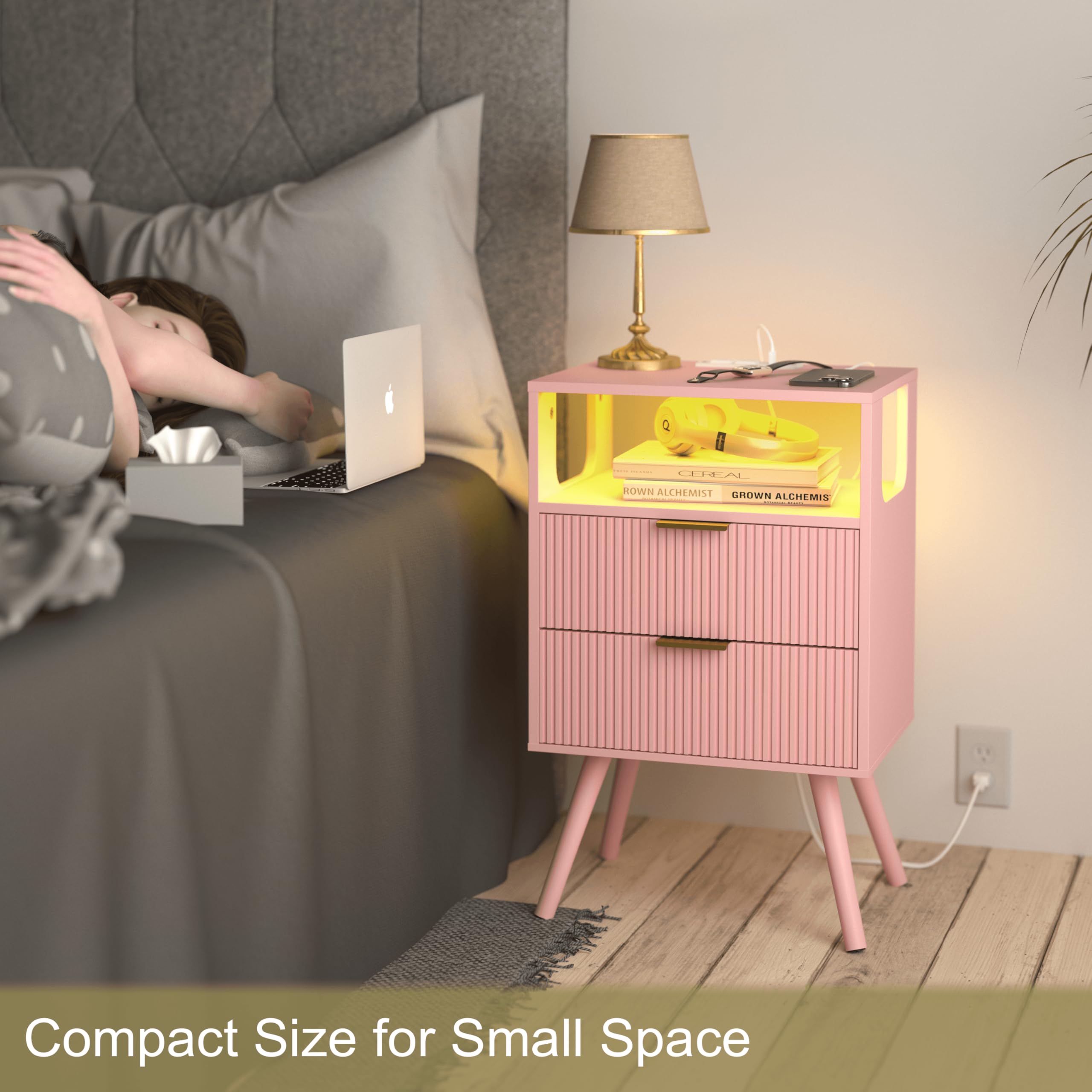 Huhote Night Stand With Drawer & Open Shelf - Mid Century Modern Bedside Table With Solid Wood Legs For Small Spaces (Pink) - View #10