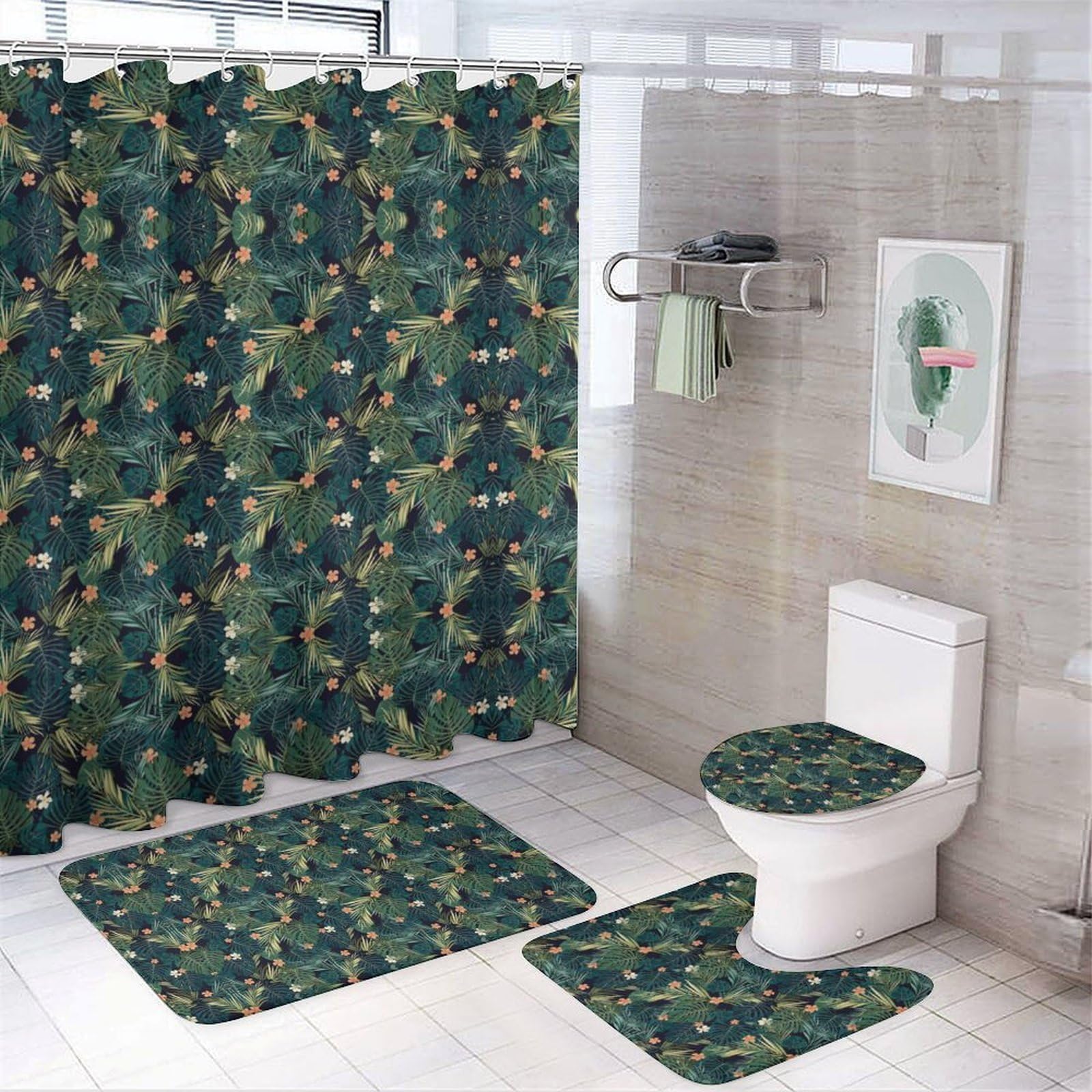 JZemdybill Bathroom Mat Set 4 Piece, Hawaiian Palm Tree Shower Curtain with Non-Slip Bath Mats for Bathroom