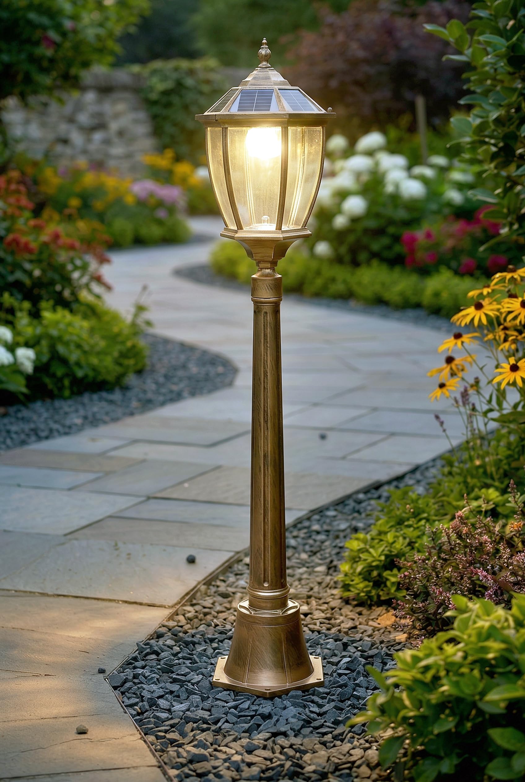 Arnusa Gartenlaterne solarbetrieben klassisch 115 cm Solarlampe Außenleuchte Sockelleuchte kabellos Duo Color warmweiß und kaltweiß Laterne Kupfer Optik