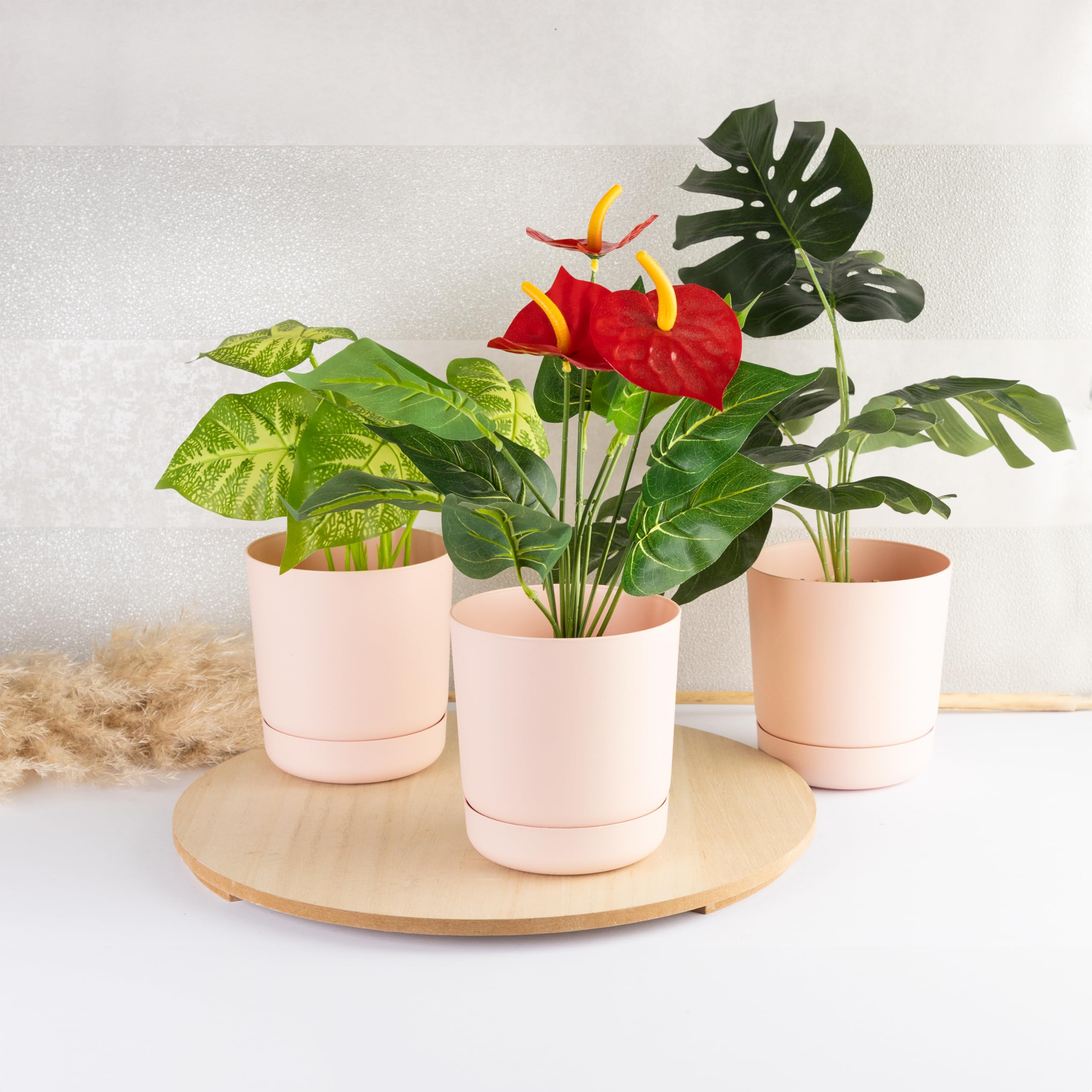Home Garden Ornaments - Plant Pots Indoor, Plastic Outdoor Planter with Drainage & Saucer, Classy Flower Pot (15 cm / 5.9 inch, Pink) - Image 3
