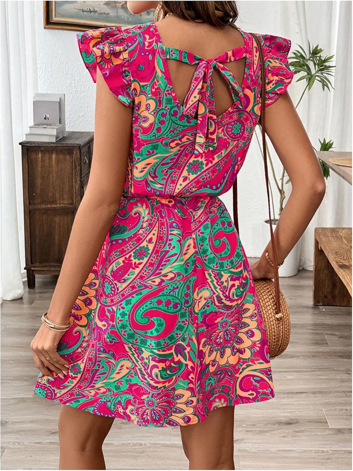 Women's Paisley Floral Ruffle Cap Sleeve Boho Dress Crew Neck Tie Back Vacation Summer Dresses - Image 2