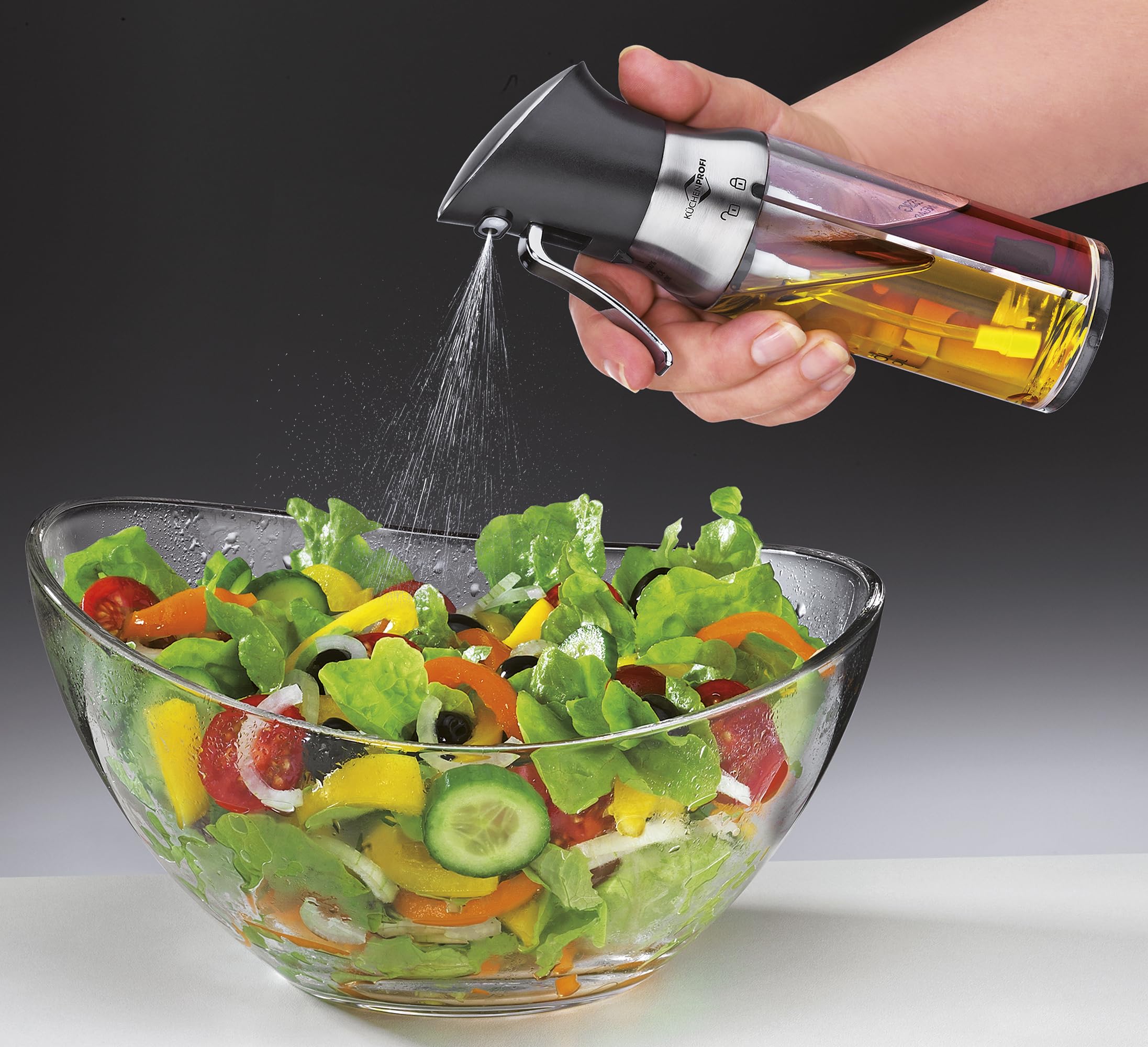 Küchenprofi 2in1 Essigsprüher/Ölspender SIENA | Olivenöl und Essig-Sprühflasche | Edelstahl/Glas | Ölspray-Flasche | Sparsames und exaktes Dosieren | Große Füllöffnung | 20,5 cm, je 95 ml