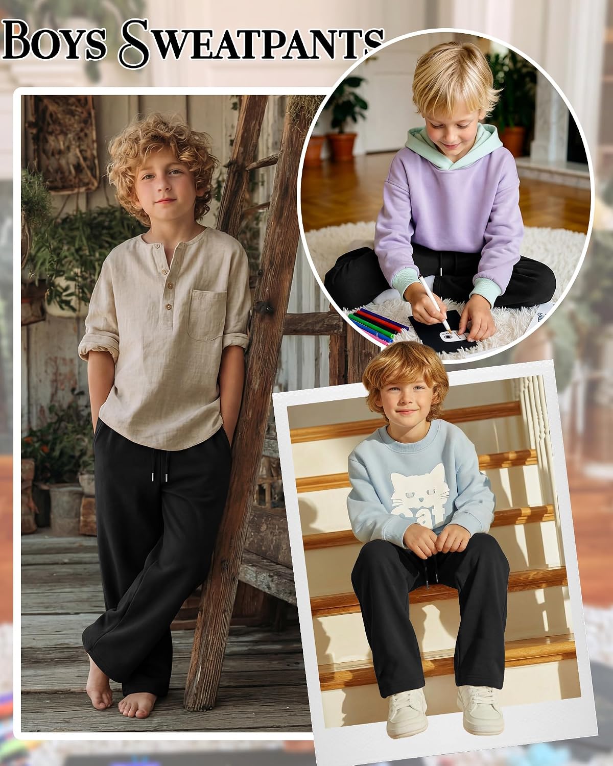 4 Pack Boys Baggy Open Bottom Sweatpants | Lightweight Jogger Pants, Kids Athletic Pants, Baggy Open Leg Fit, Elastic Drawstring, Side Pocket, School Sports Travel