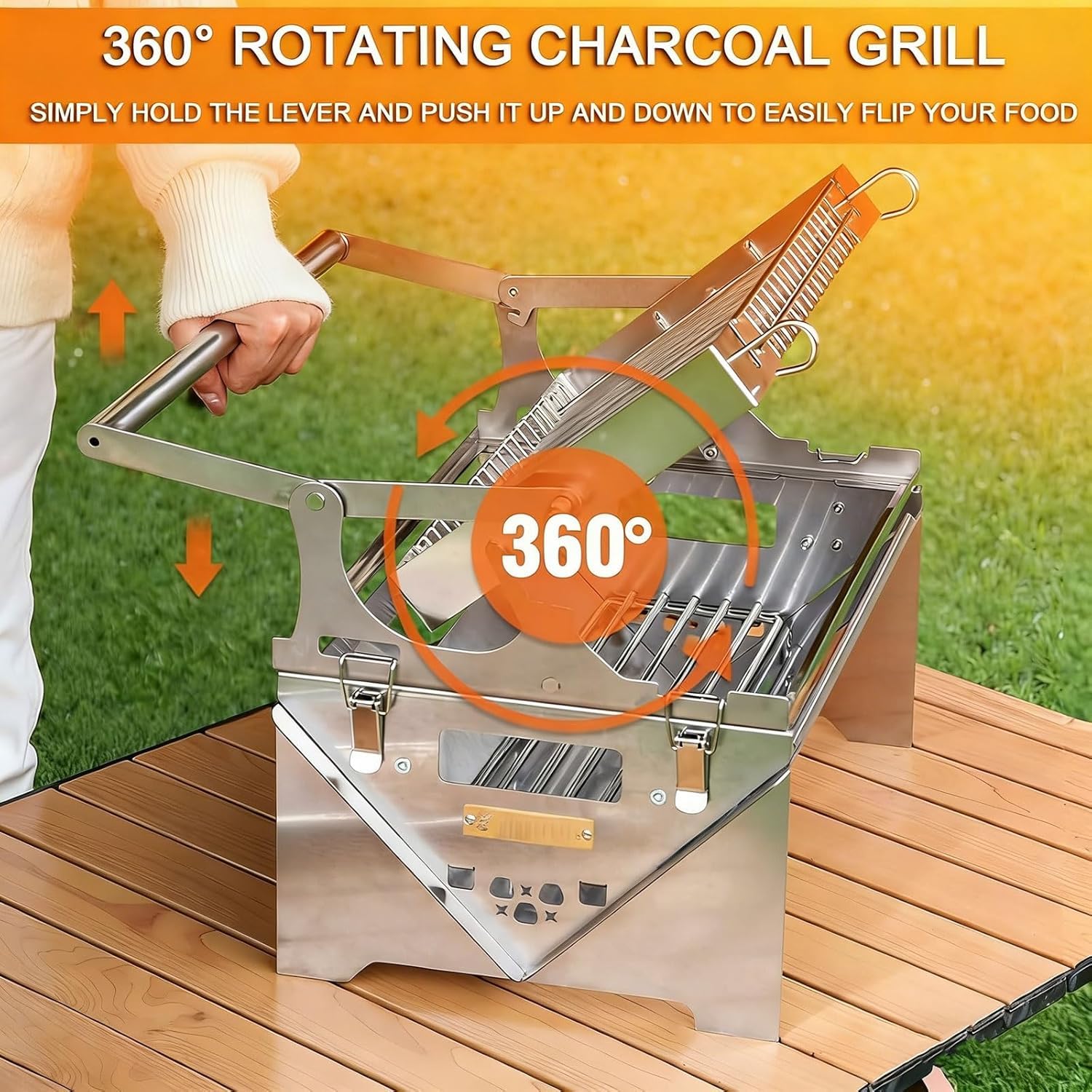 Przenośny grill na węgiel drzewny obracany o 360°, składany grill ze stali nierdzewnej na kemping i gotowanie na podwórku