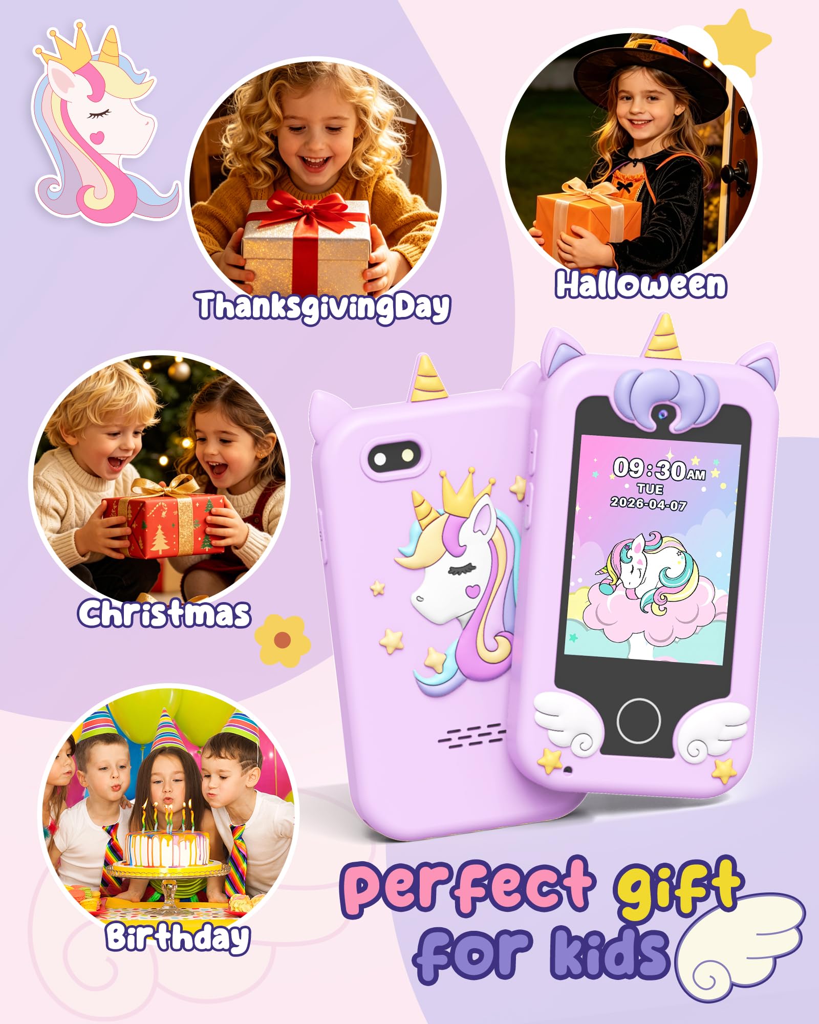 UCIDCI Téléphone Enfant Jouet pour Fille 3-7 Ans, Baby Phone avec Caméra Double, Téléphone Portable pour Enfant Jeux Éducatif 3 Ans, Lecteur MP3 Jouet Enfant 3 Ans Cadeau Enfant Anniversaire (Violet)