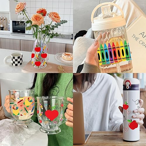 Miniatura 5 de David Angie Adhesivo de transferencia, 9 hojas con tema de regreso a clases, impermeable, UV, DTF, para copas, calcomanías de transferencia de