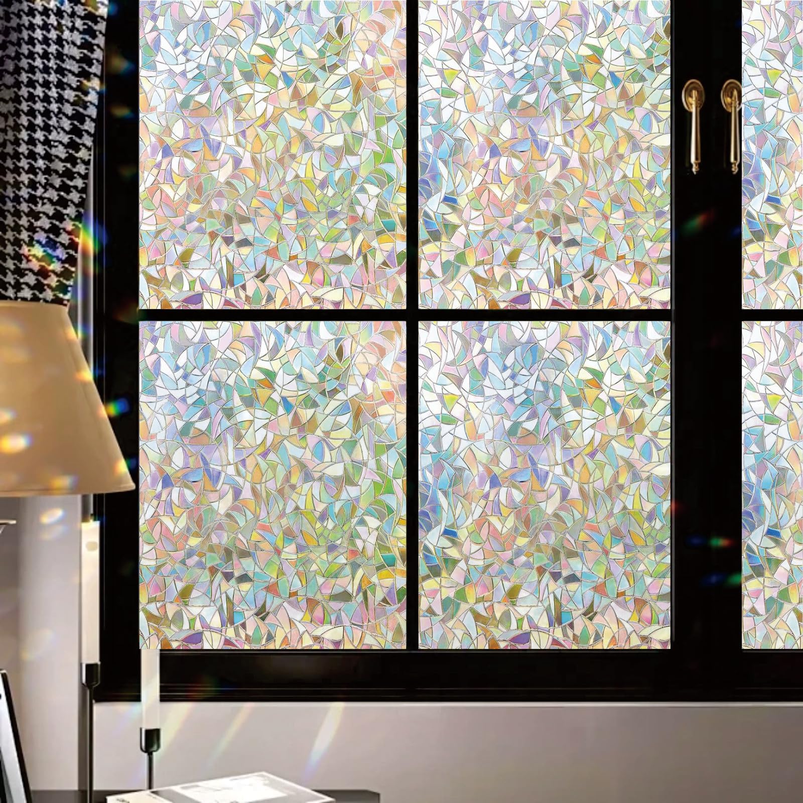 Stained Glass Window Film 45 x 520 cm Blocks UV Static Cling No Glue Removable Heat Cotrol, Privacy Protection, Window Privacy Film with Rainbow Effect, for Home, Crescent