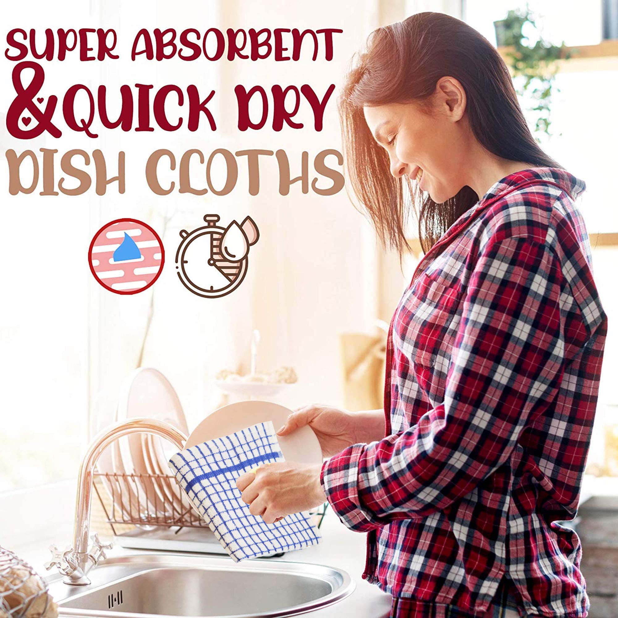 Xelay Kitchen Tea Towels 100% Cotton Dishcloths Wonderdry For Dish Drying Washing Reusable Absorbent Terry Unpaper Cleaning Cloths Machine Washable – 40cm x 60cm (Blue/White Jumbo Check Pack of 4) — view 3