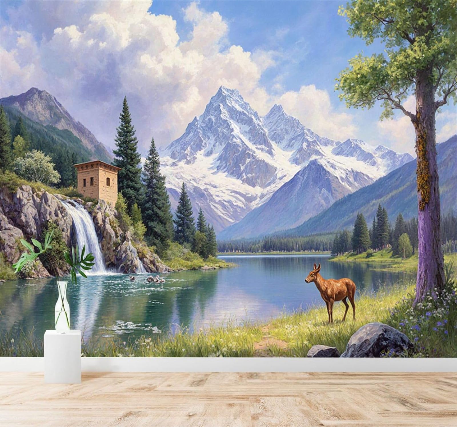 XLMING Waterfall Lake Cottage Deer Mountain Scenery 3D Wallpaper Premium Textured Silk Study Dining Living Room Bedroom Sofa TV Wall Easy Install-300cm×210cm
