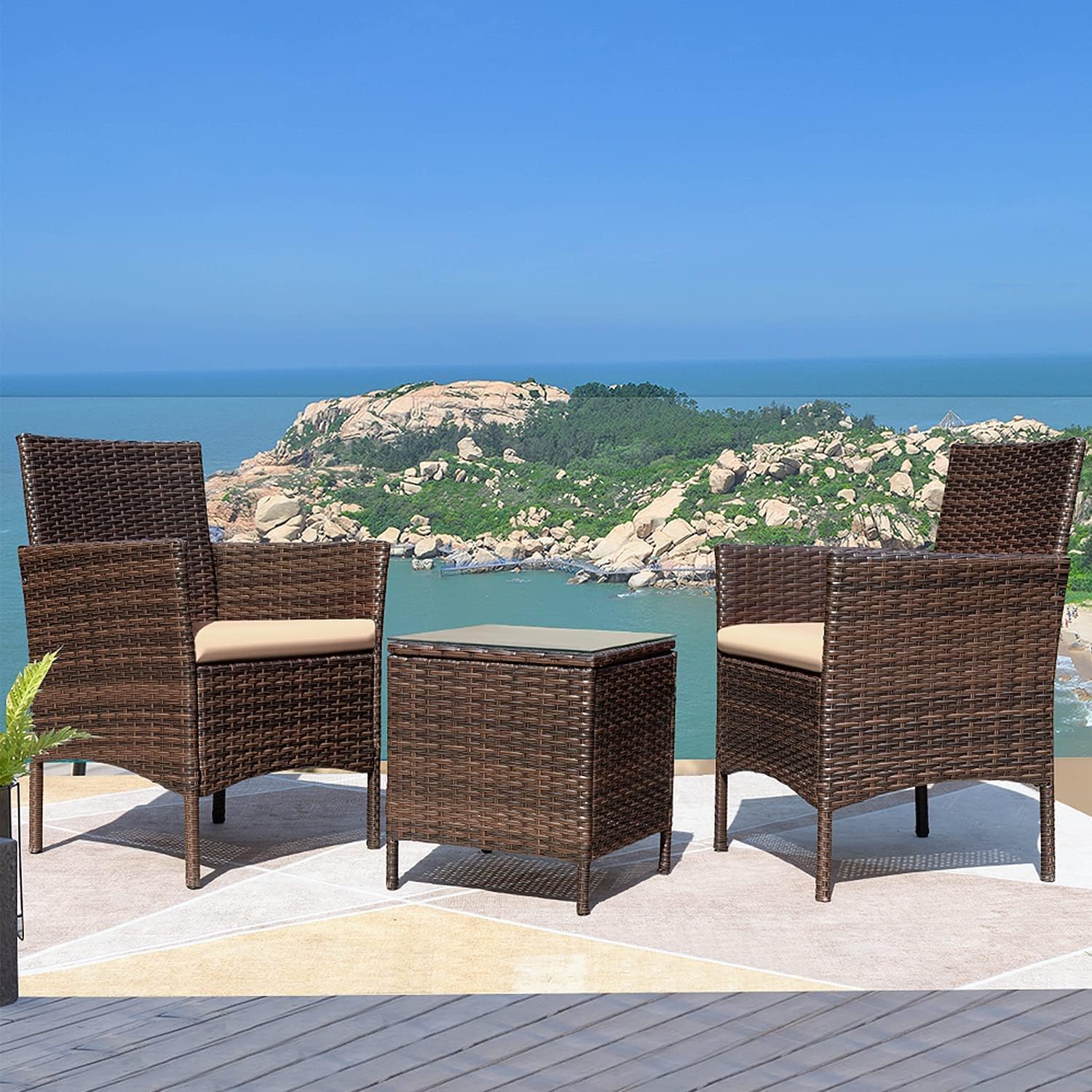 3 Pieces Outdoor Patio Porch Furniture Sets, PE Rattan Wicker Chairs with Table, Brown and Beige