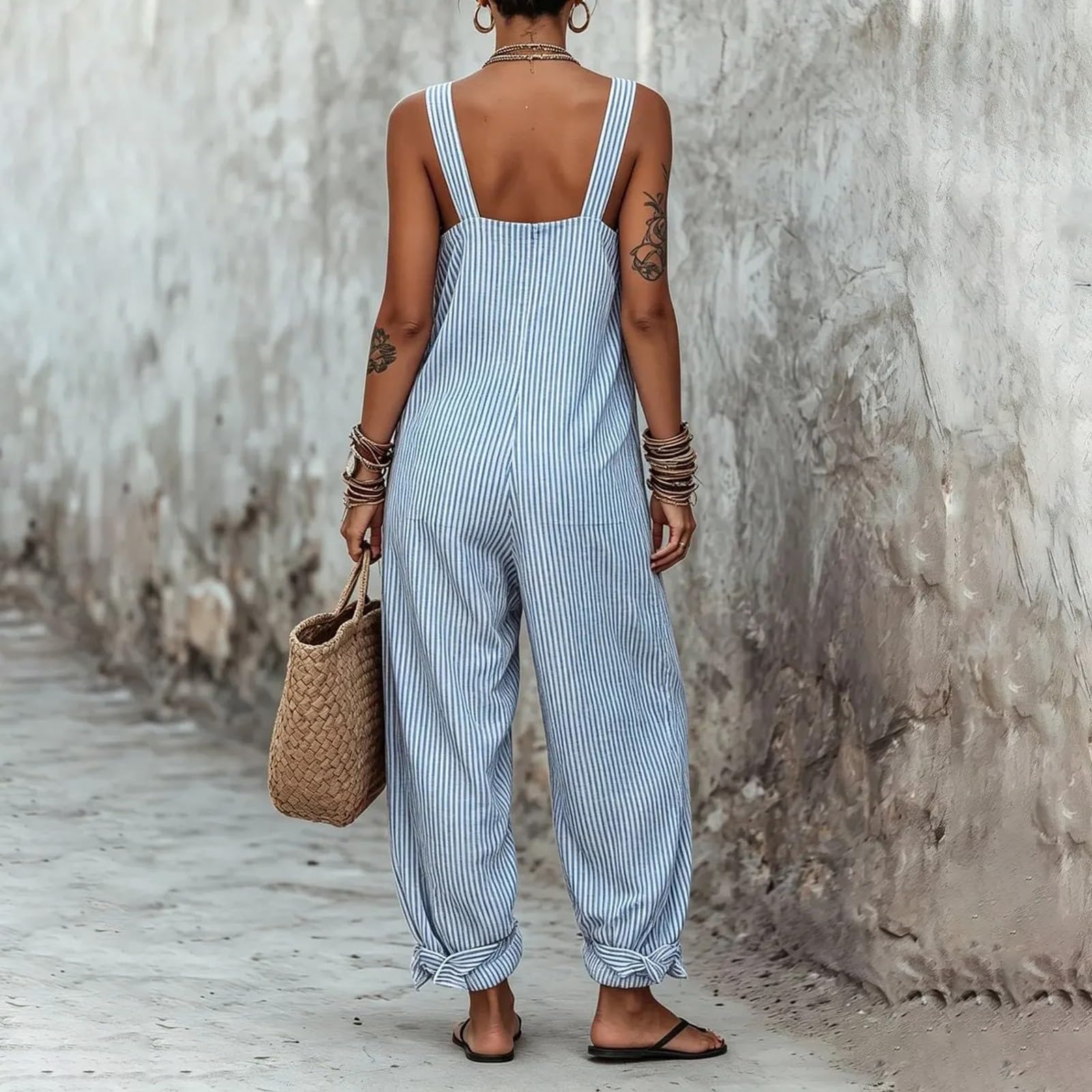 Salopette estive da donna, a righe, a gamba larga, con