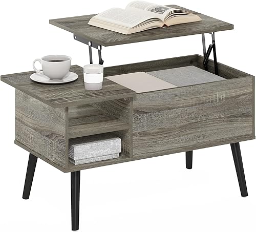 Miniatura 11 de Furinno Jensen - Mesa auxiliar de madera con parte superior elevadora de patas con compartimento oculto y estante lateral abierto para sala de