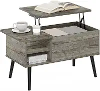 Furinno Jensen Mesa de centro elevatória com prateleira de armazenamento, prateleira lateral, compartimento oculto, para sala de estar, carvalho cinza