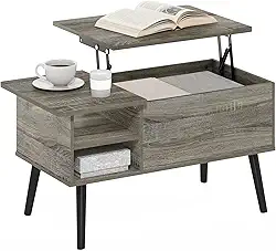 Furinno Jensen Mesa de centro elevatória com prateleira de armazenamento, prateleira lateral, compartimento oculto, para sala de estar, carvalho cinza