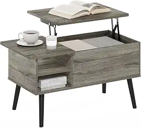Furinno Jensen Mesa de centro elevatória com prateleira de armazenamento, prateleira lateral, compartimento oculto, para sala de estar, carvalho cinza
