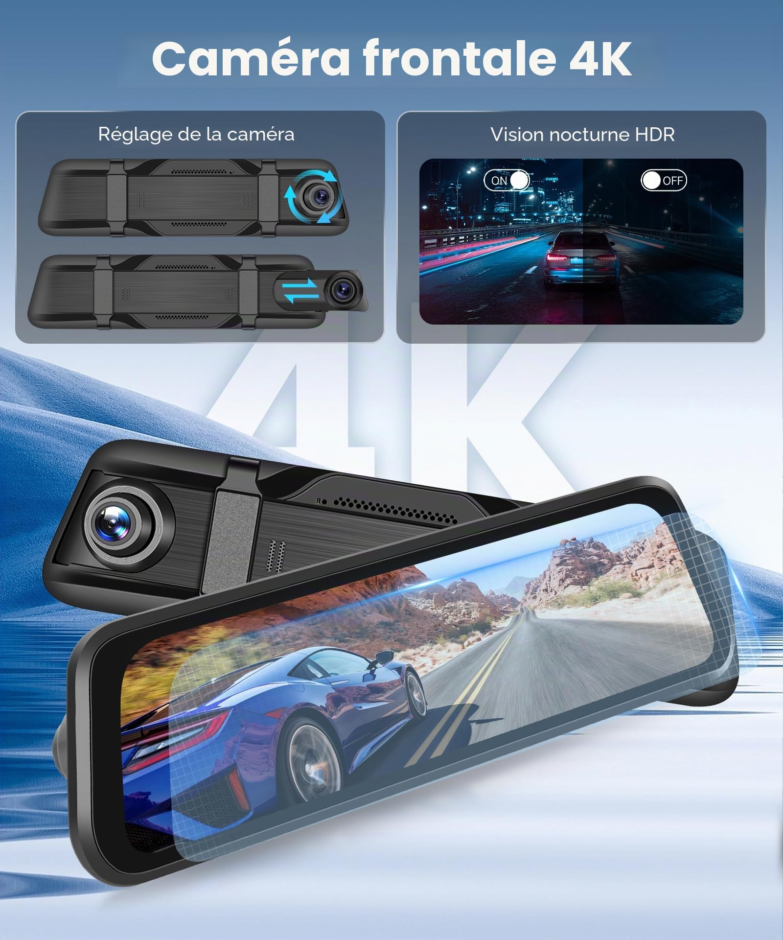 Rimoody 4K Rétroviseur Dashcam avec 1080P Caméra de Recul,9.66" Écran Tactile Avant et Arrière Double Lentille Dashcam Voiture HDR Vision Nocturne GPS/APP & WiFi Control/BSD & ADAS/Loop Video/G-Sensor